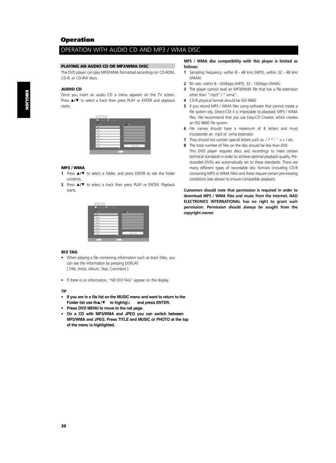 NAD T514 owner manual Operation with Audio CD and MP3 / WMA Disc, Playing AN Audio CD or MP3/WMA Disc, ID3 TAG 