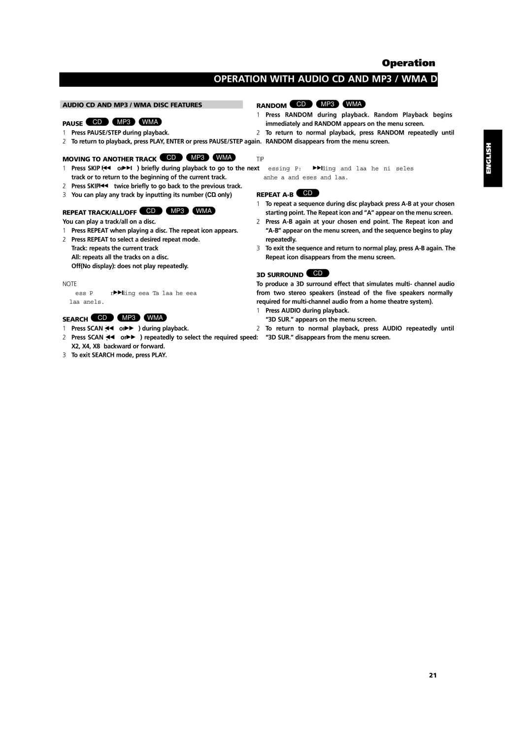 NAD T514 Audio CD and MP3 / WMA Disc Features Pause CD, Moving to Another Track CD, Repeat TRACK/ALL/OFF CD MP3 WMA 