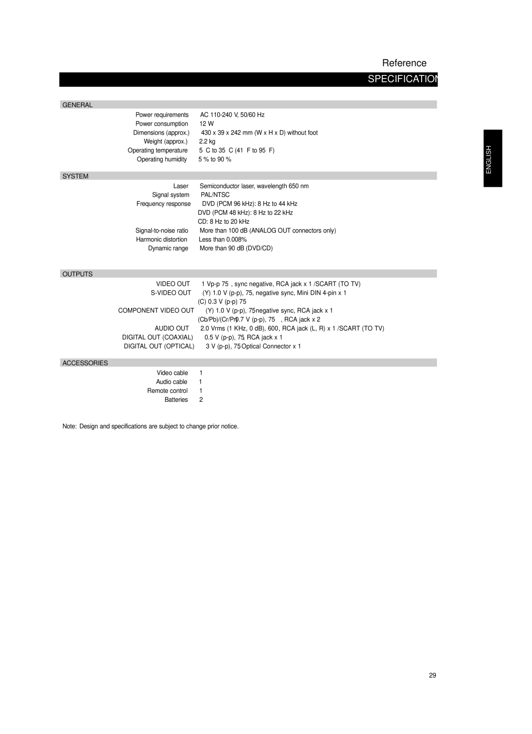 NAD T514 owner manual Specifications, General, System, Outputs, Accessories 