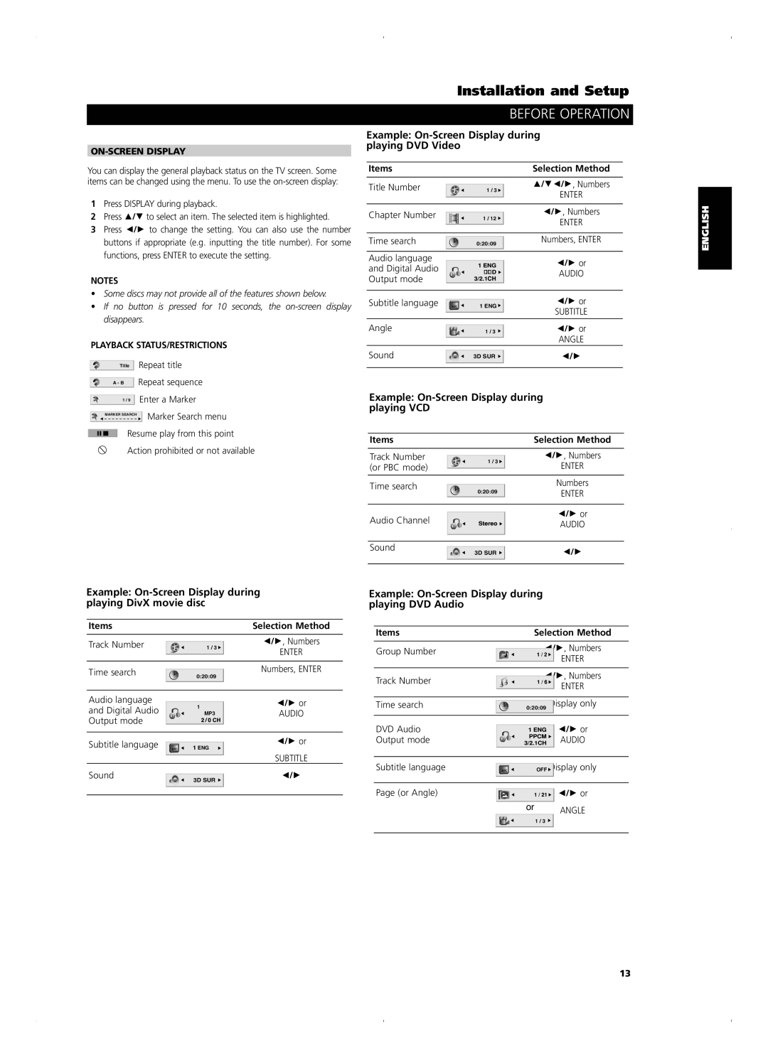 NAD T515 owner manual Before Operation, ON-SCREEN Display, Playback STATUS/RESTRICTIONS, Italiano, Português 