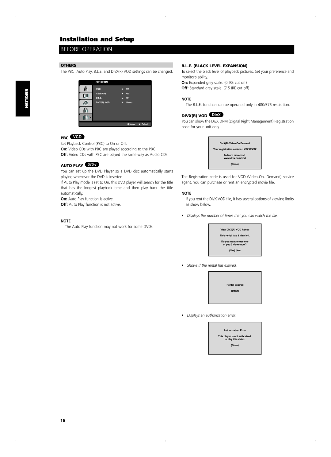 NAD T515 owner manual Others, Pbc Vcd, Auto Play DVD-V, E. Black Level Expansion, Divxr VOD DivX 