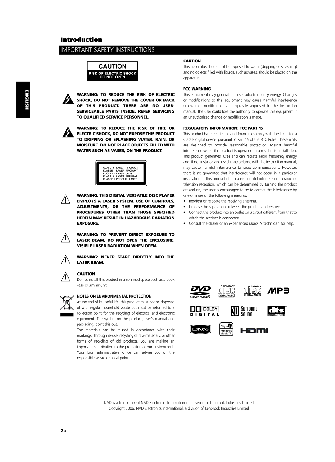 NAD T515 owner manual Important Safety Instructions, FCC Warning Regulatory Information FCC Part 