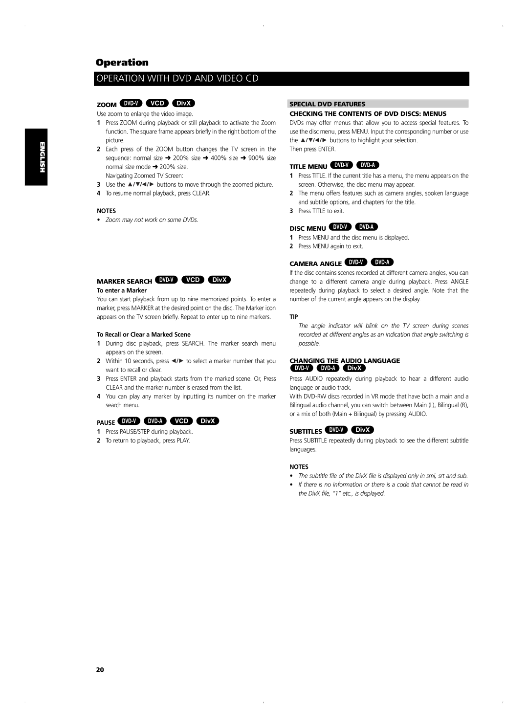 NAD T515 owner manual Title Menu DVD-VDVD-A, Disc Menu DVD-V DVD-A, Camera Angle DVD-VDVD-A, Changing the Audio Language 