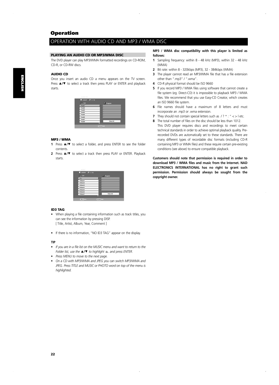 NAD T515 owner manual Operation with Audio CD and MP3 / WMA Disc, English Français Deutsch Nederlands 