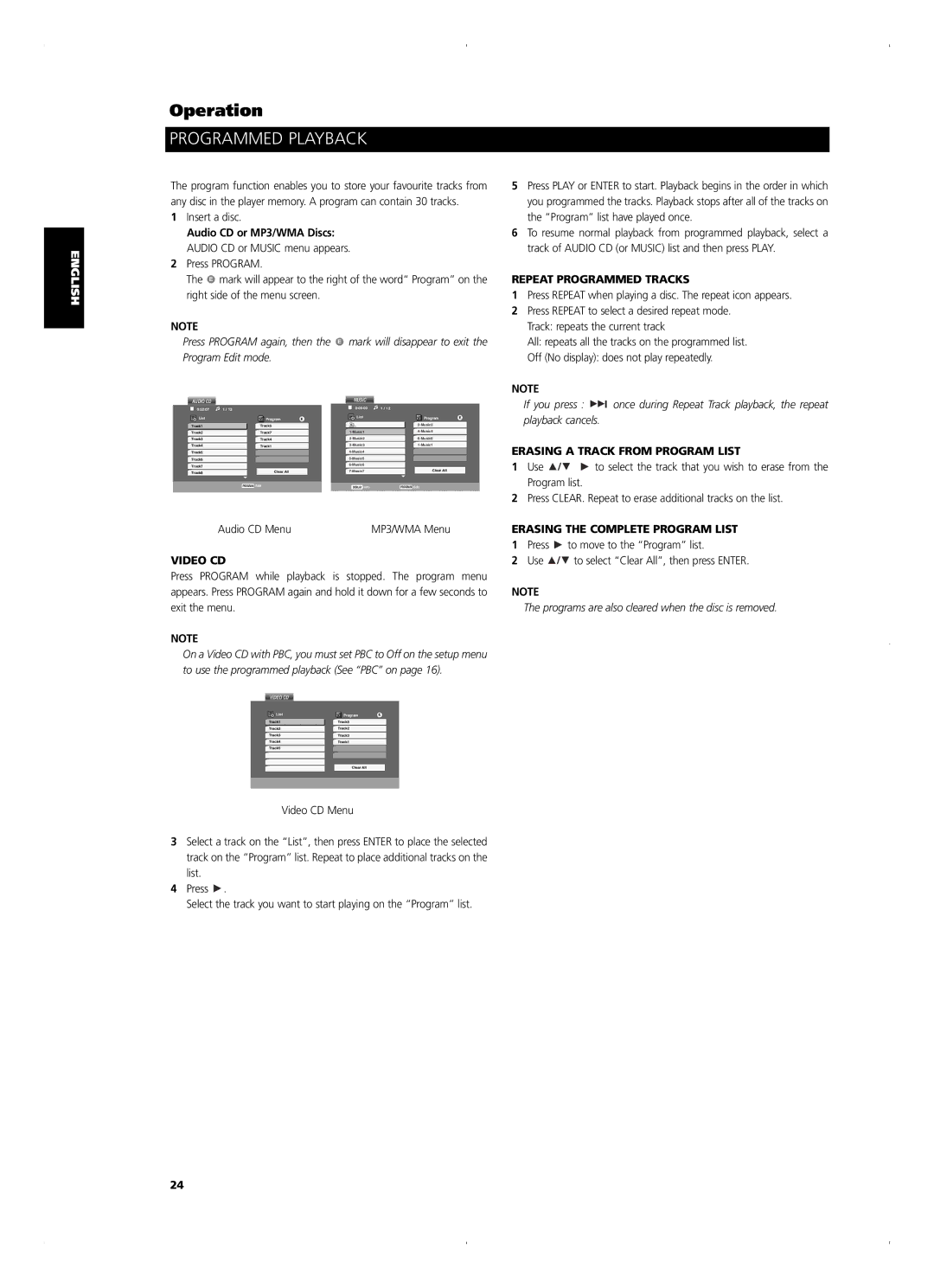 NAD T515 owner manual Programmed Playback, Video CD, Repeat Programmed Tracks, Erasing a Track from Program List 