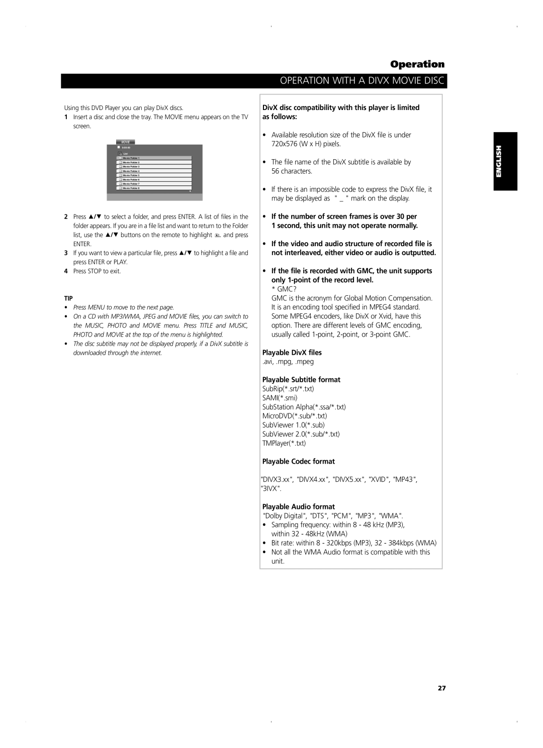 NAD T515 owner manual Operation with a Divx Movie Disc, Press Menu to move to the next 