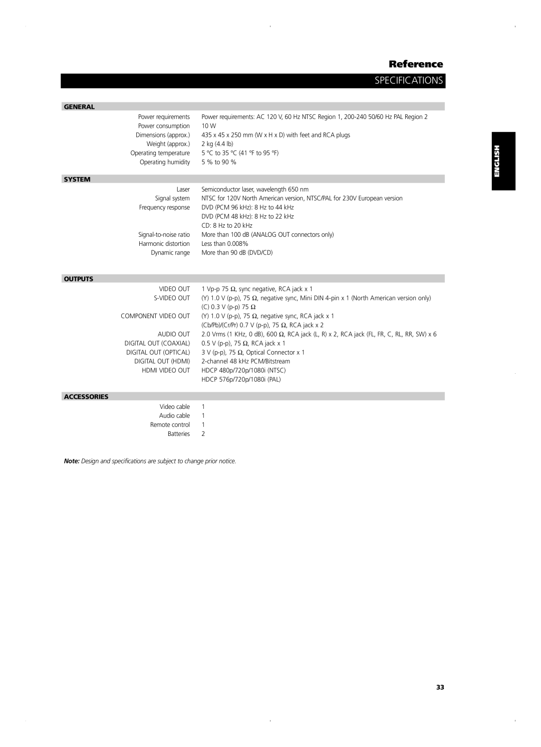 NAD T515 owner manual Specifications, General, System, Outputs, Accessories 