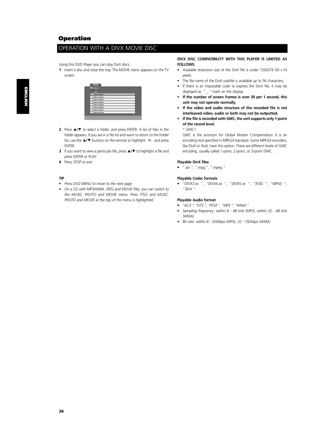 NAD T524 owner manual Operation with a Divx Movie Disc, Playable DivX files, Playable Codec formats, Playable Audio format 