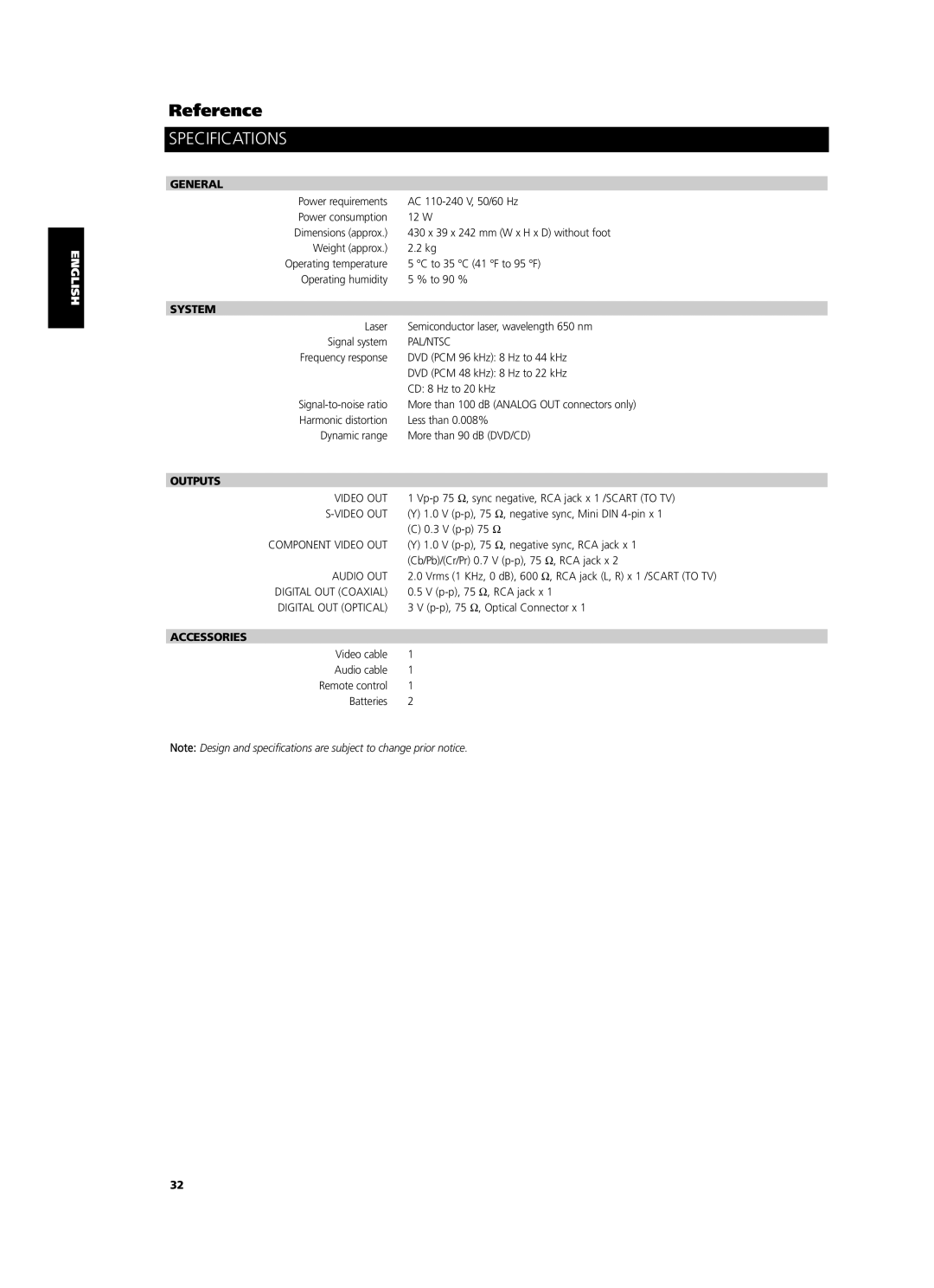 NAD T524 owner manual Specifications, General, System, Outputs, Accessories 