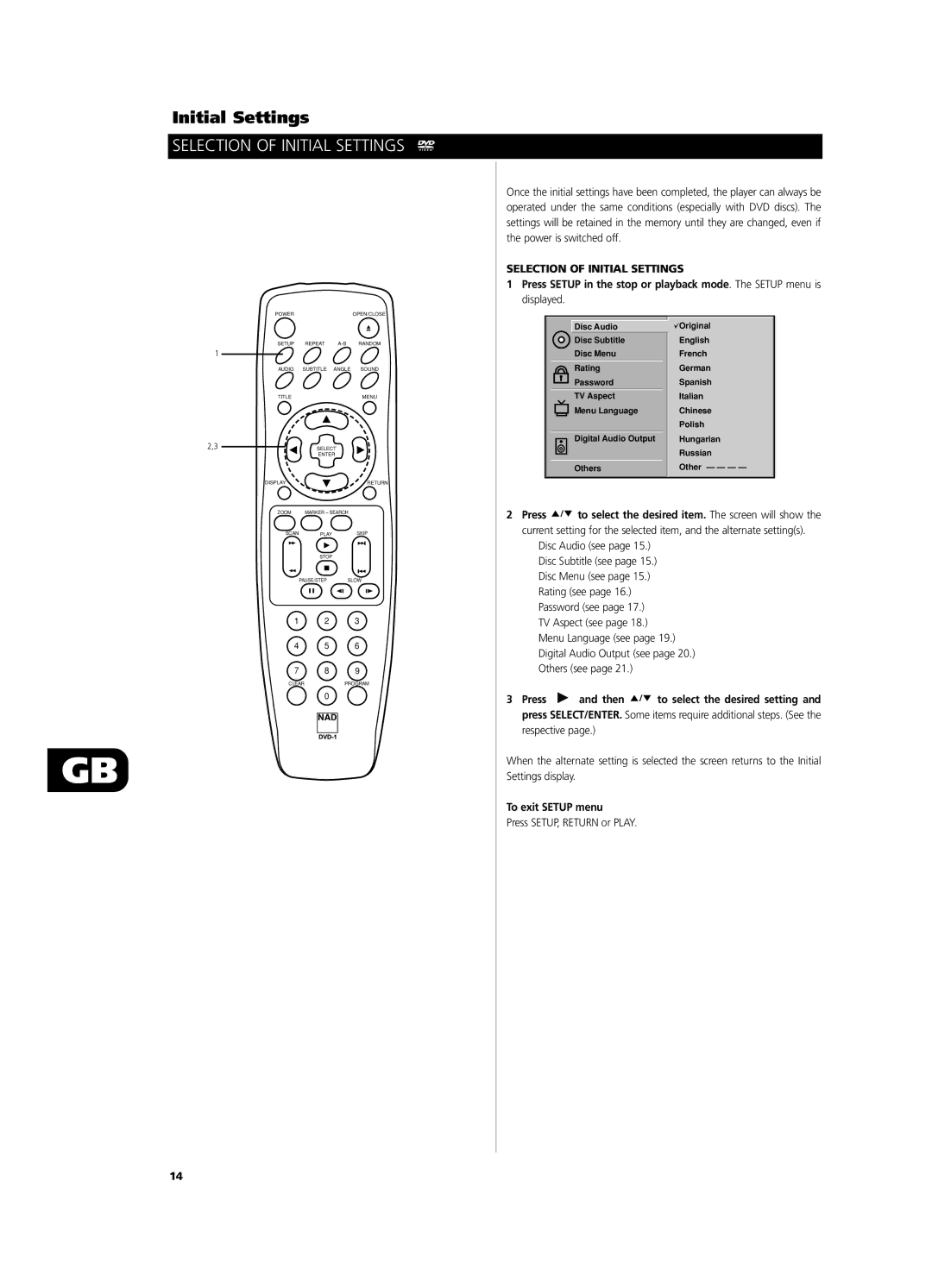 NAD T531 owner manual Selection of Initial Settings, To exit Setup menu, Press SETUP, Return or Play 