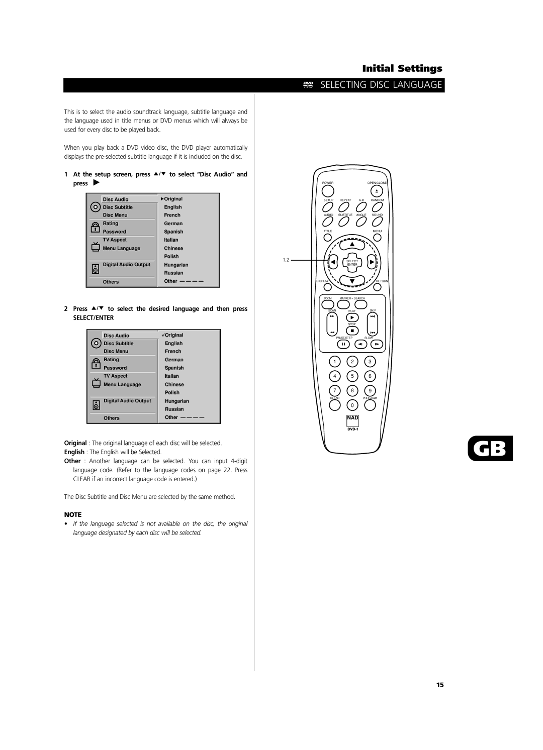 NAD T531 owner manual Selecting Disc Language, At the setup screen, press to select Disc Audio and press, Select/Enter 