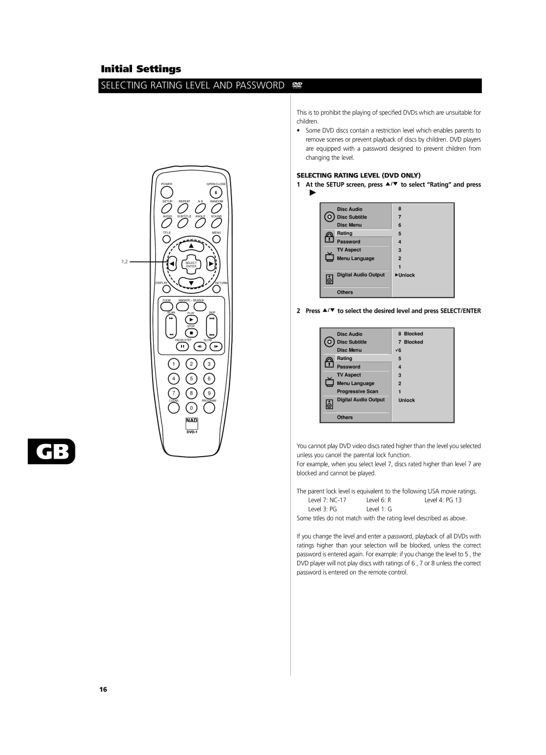 NAD T531 owner manual Selecting Rating Level and Password, Selecting Rating Level DVD only, NC-17 