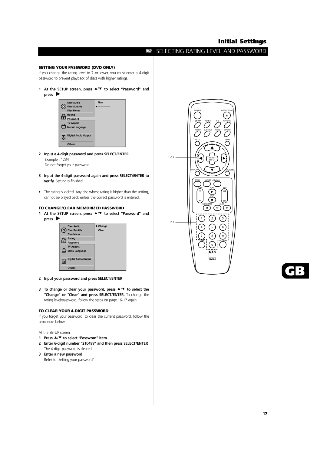 NAD T531 owner manual Setting Your Password DVD only, To CHANGE/CLEAR Memorized Password, To Clear Your 4-DIGIT Password 