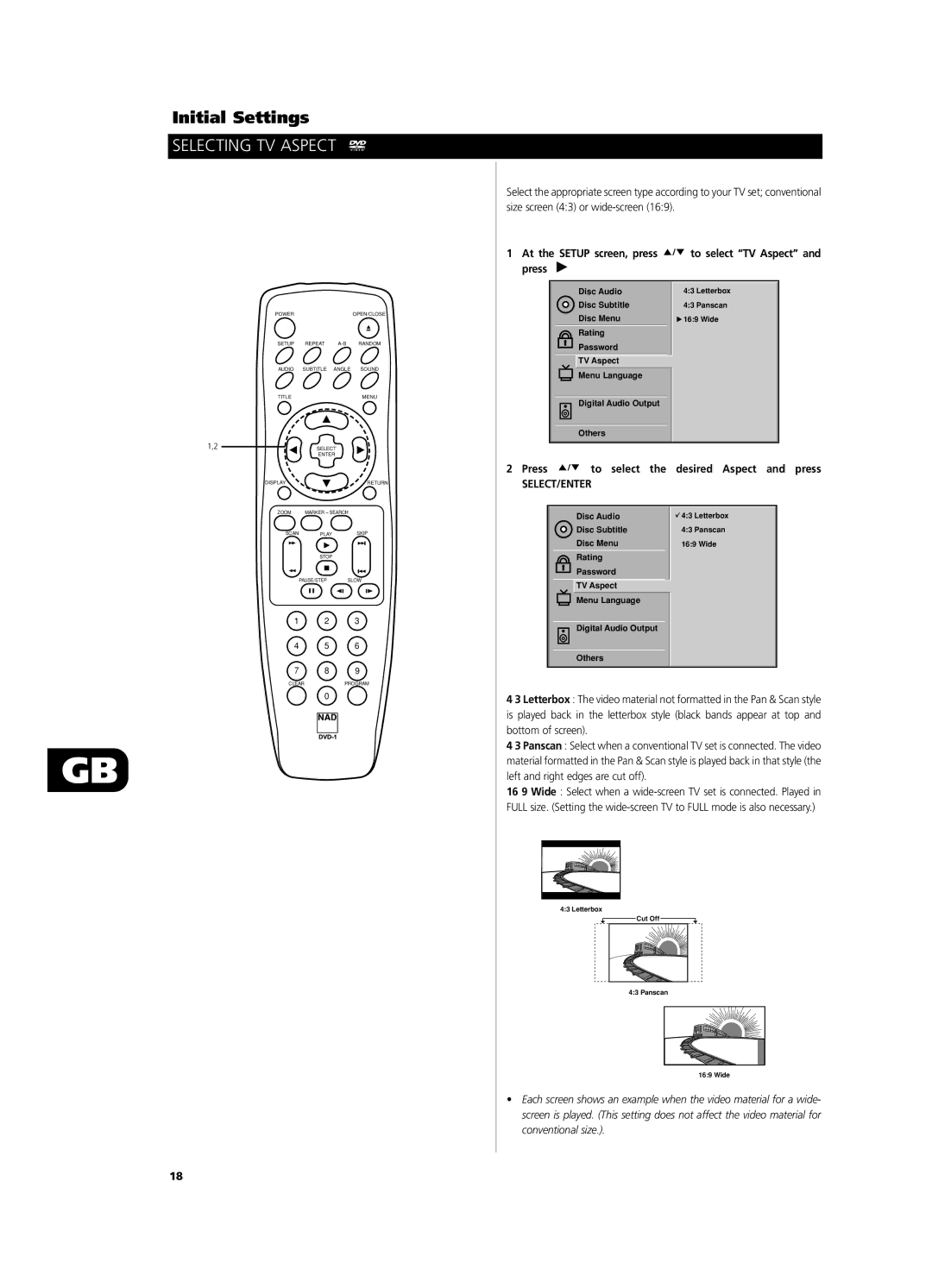 NAD T531 owner manual Selecting TV Aspect, At the Setup screen, press press, Press to select the desired Aspect and press 