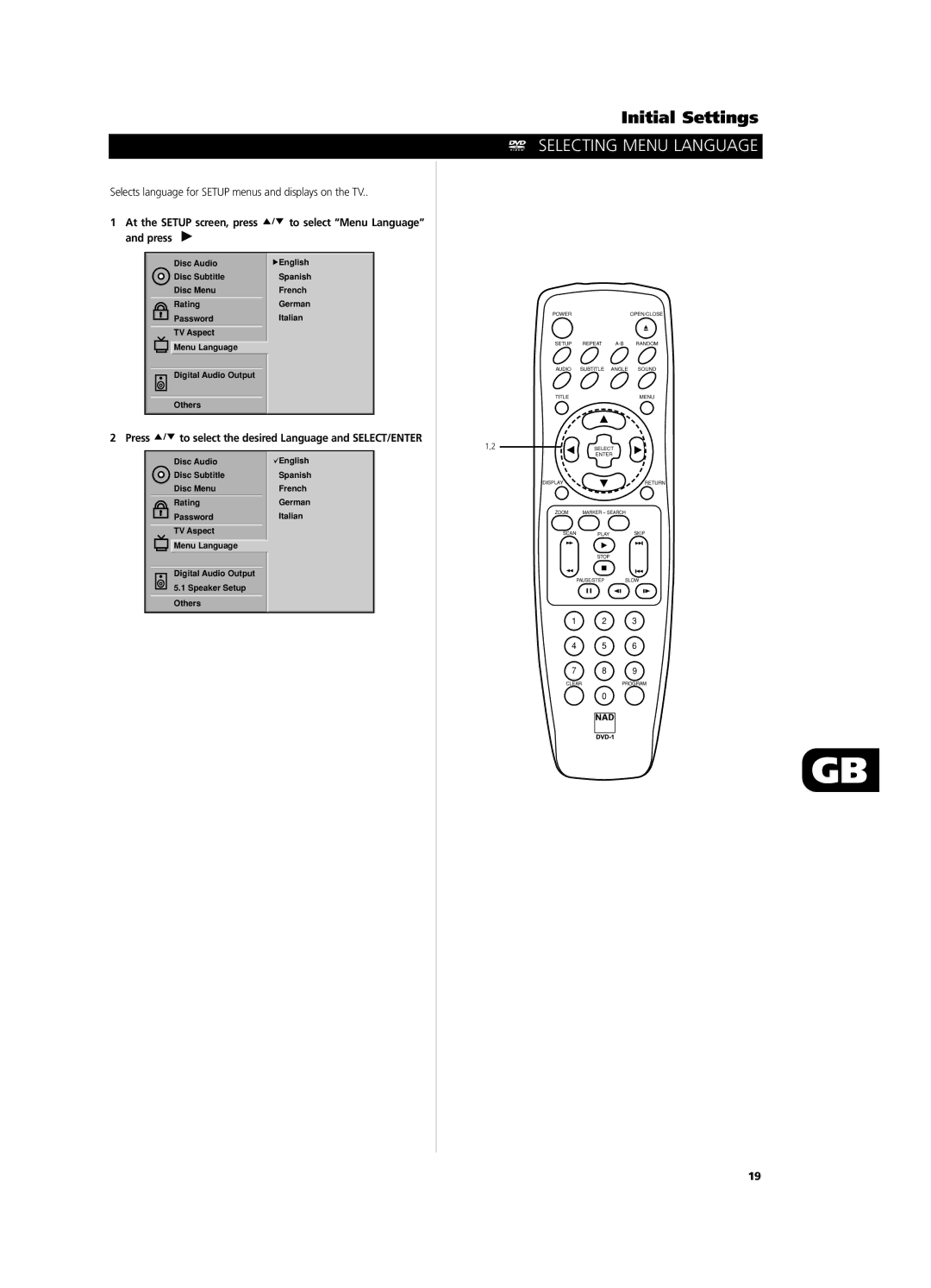 NAD T531 owner manual Selecting Menu Language, Selects language for Setup menus and displays on the TV 