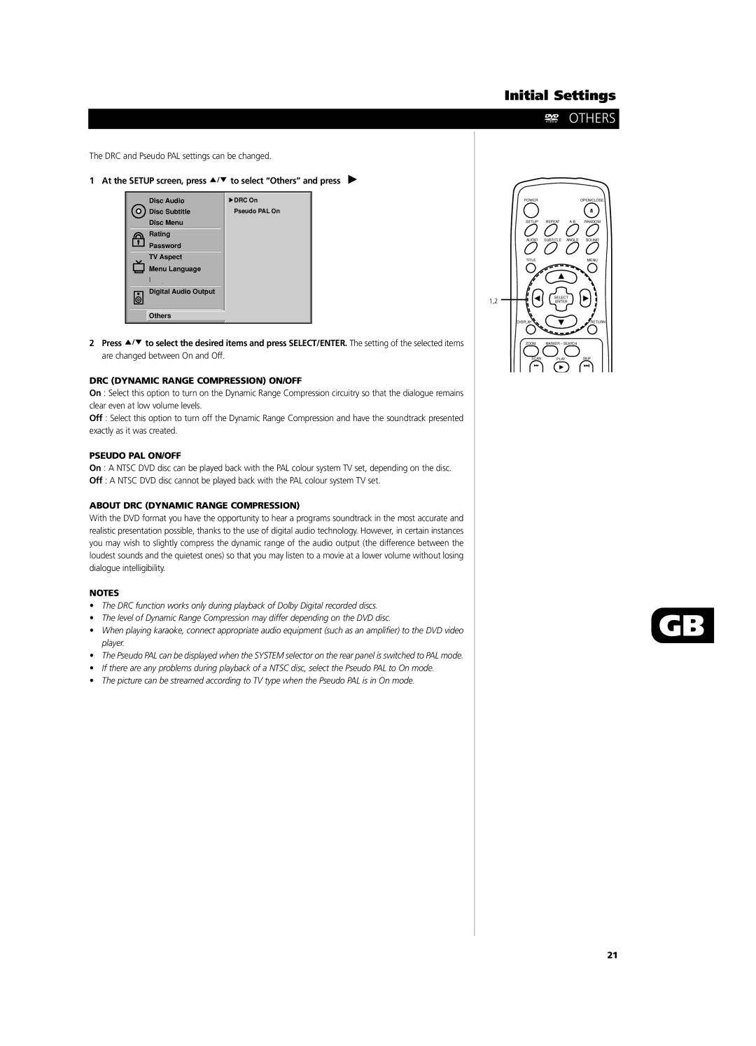 NAD T531 owner manual At the Setup screen, press to select Others and press, DRC Dynamic Range Compression ON/OFF 