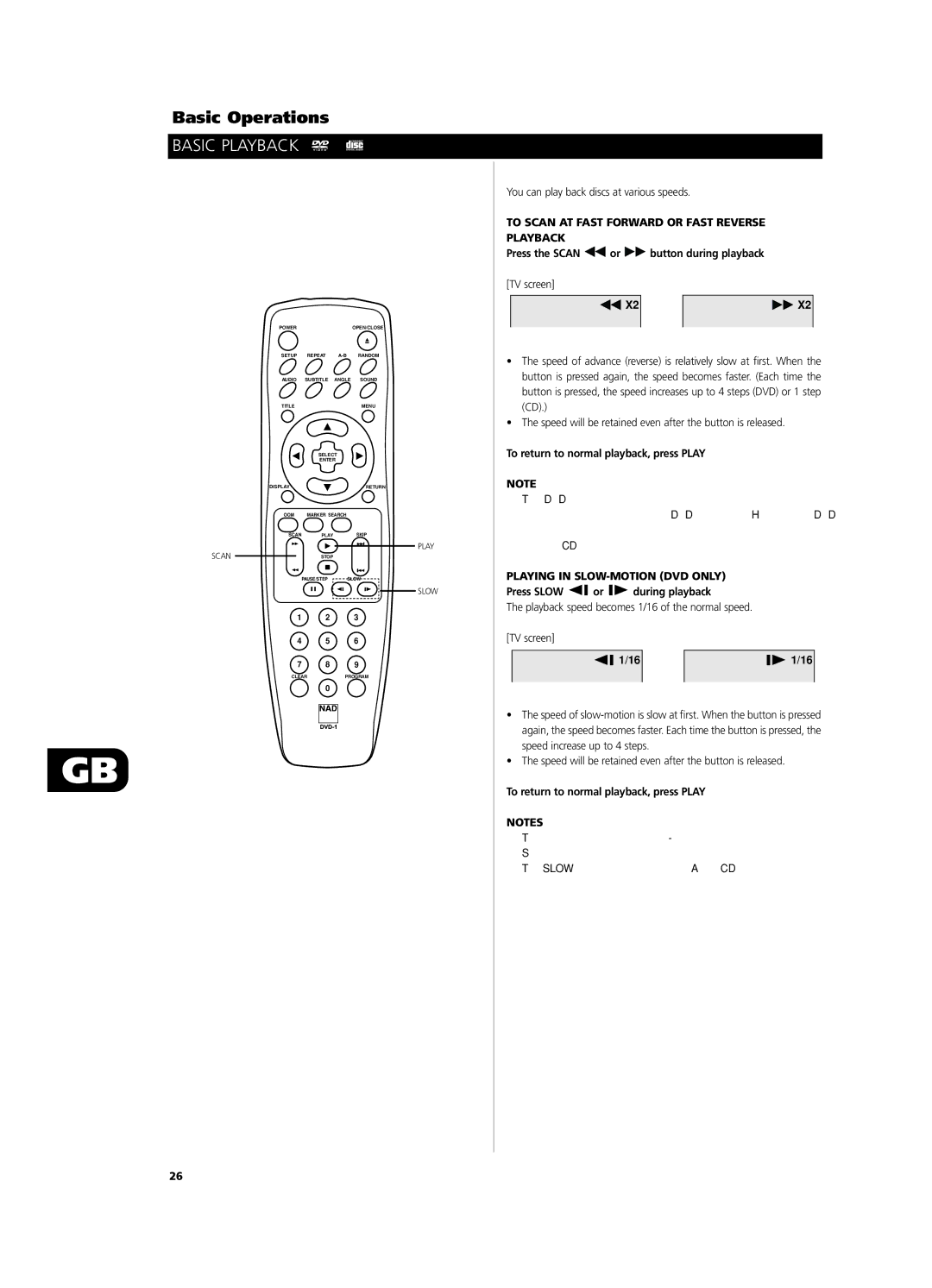 NAD T531 owner manual To Scan AT Fast Forward or Fast Reverse Playback, Press the Scan or button during playback 