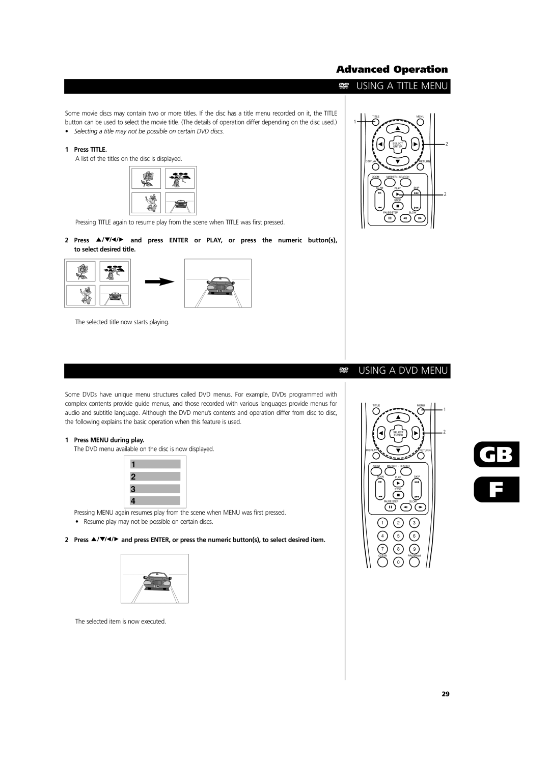 NAD T531 owner manual Advanced Operation, Using a Title Menu, Using a DVD Menu, Press Title, Press Menu during play 