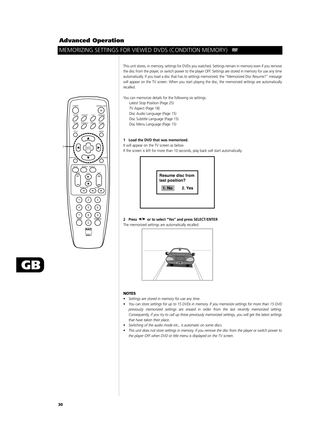 NAD T531 owner manual Memorizing Settings for Viewed Dvds Condition Memory, Resume disc from last position? 