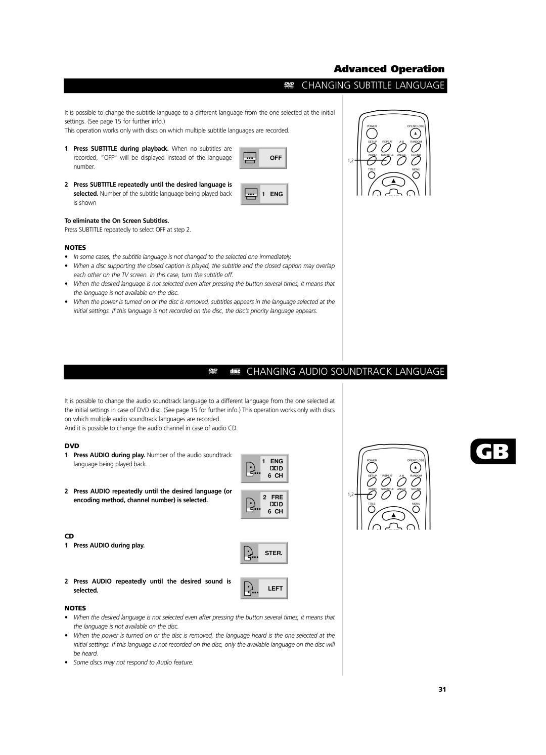 NAD T531 owner manual Changing Subtitle Language, Changing Audio Soundtrack Language, Dvd 