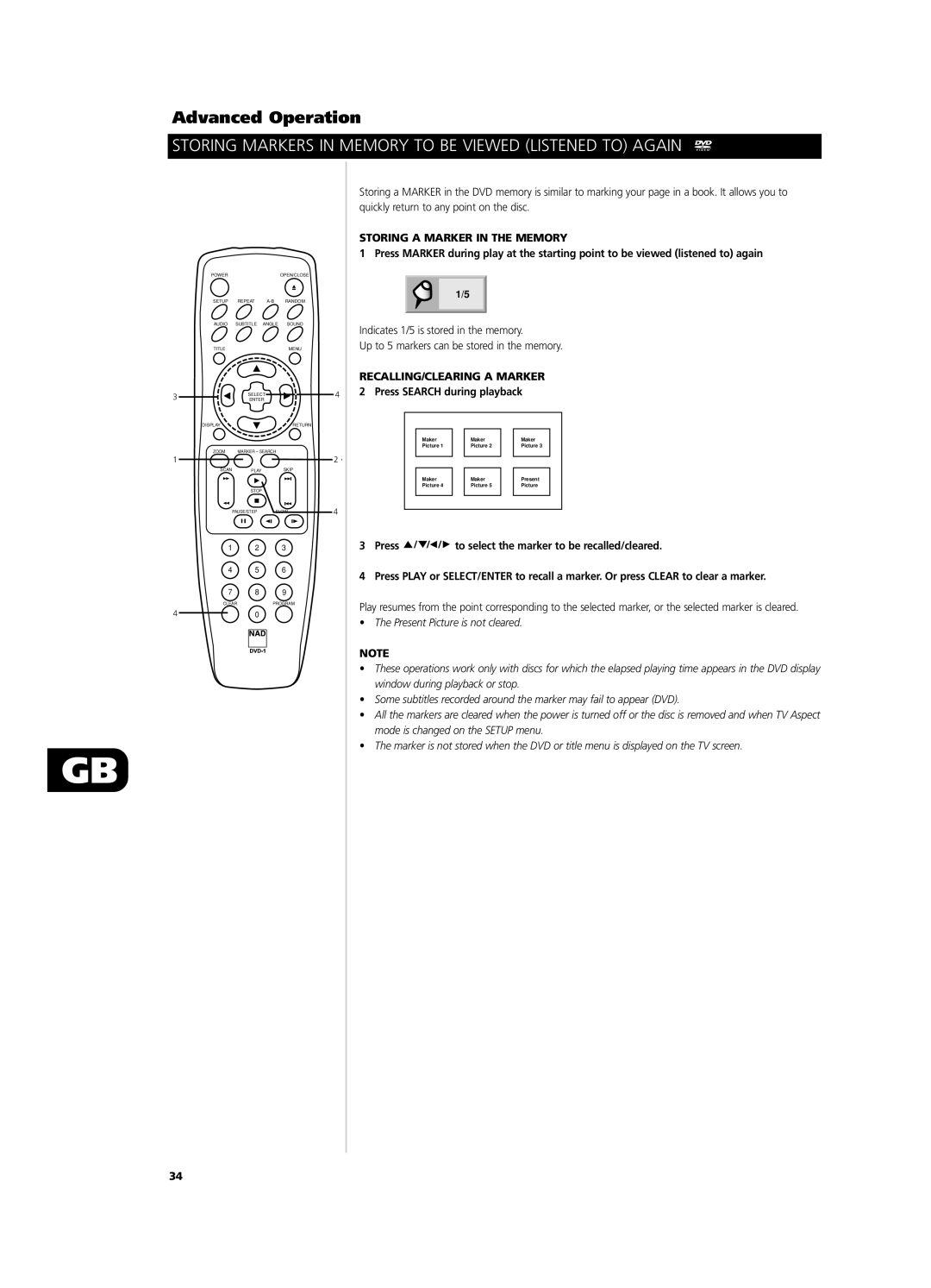 NAD T531 owner manual Storing Markers in Memory to be Viewed Listened to Again, Storing a Marker in the Memory 