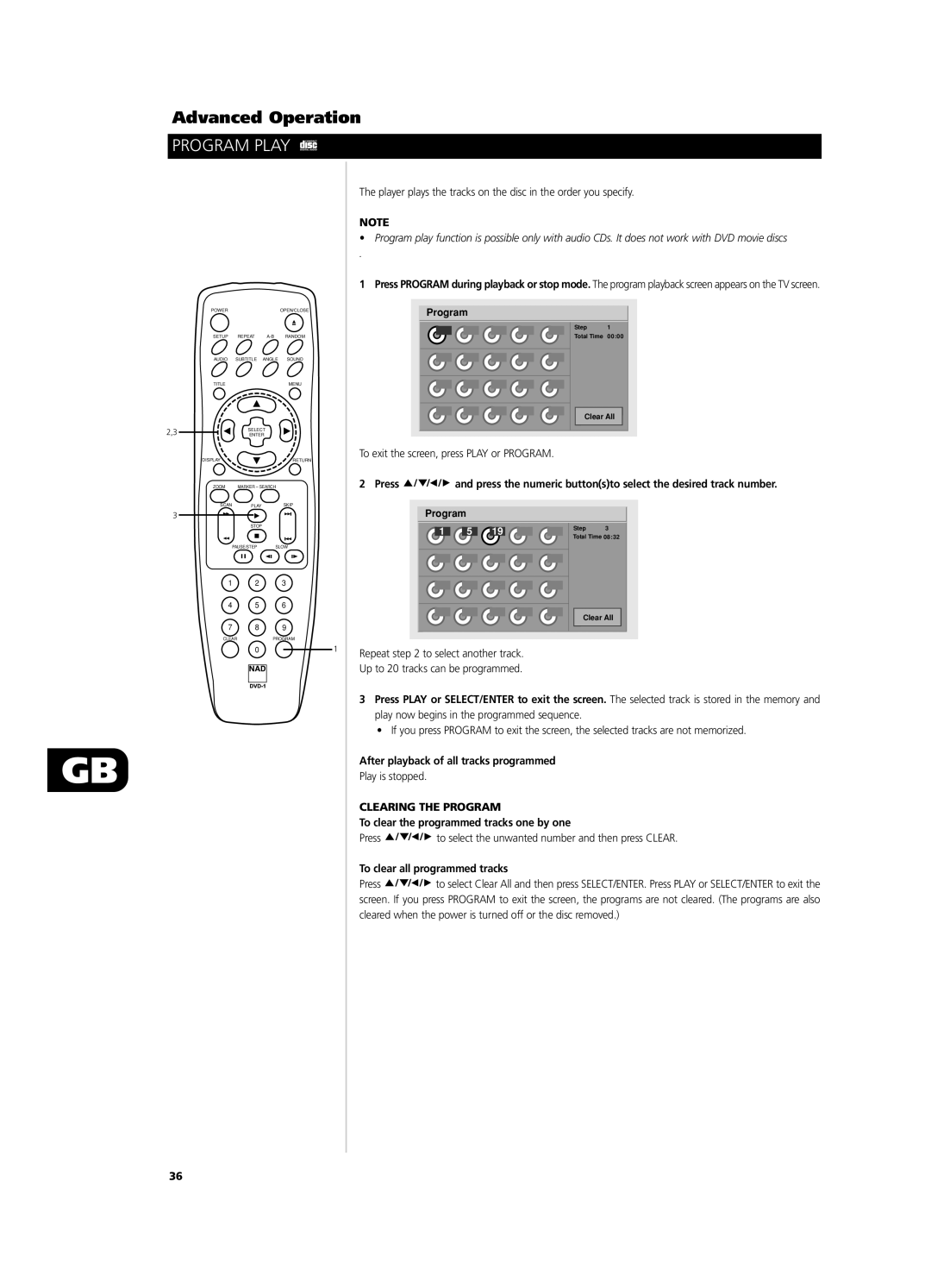 NAD T531 Program Play, After playback of all tracks programmed, Clearing the Program, To clear all programmed tracks 