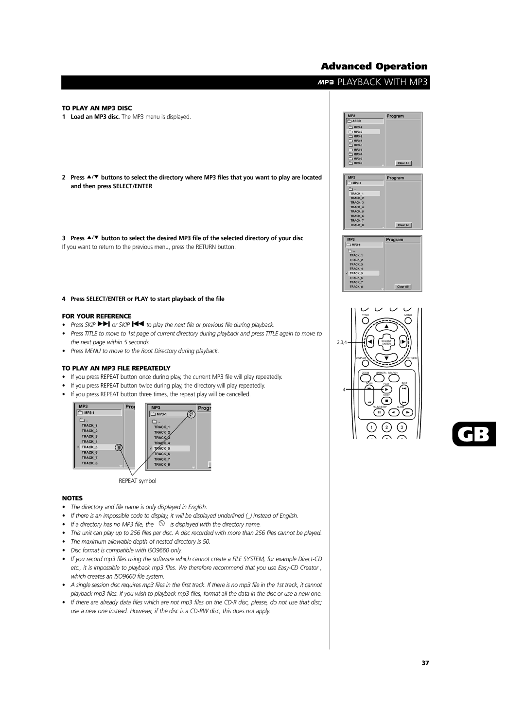 NAD T531 owner manual Playback with MP3, To Play AN MP3 Disc, Press SELECT/ENTER or Play to start playback of the file 