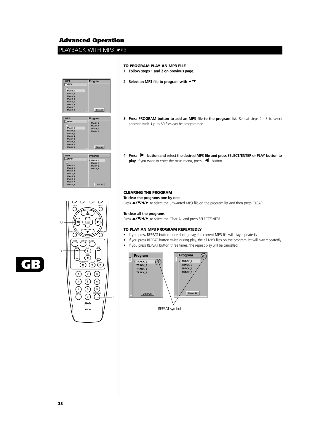 NAD T531 owner manual To Program Play AN MP3 File, To Play AN MP3 Program Repeatedly 