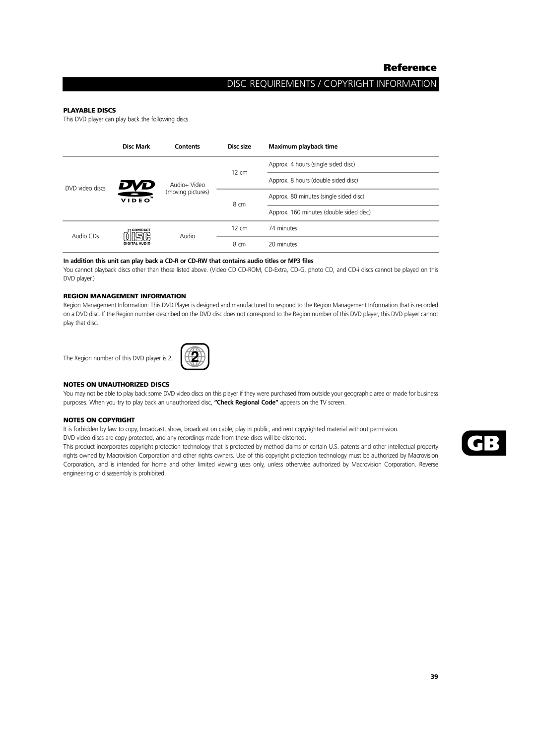 NAD T531 owner manual Reference, Disc Requirements / Copyright Information, Playable Discs, Disc Mark Contents Disc size 