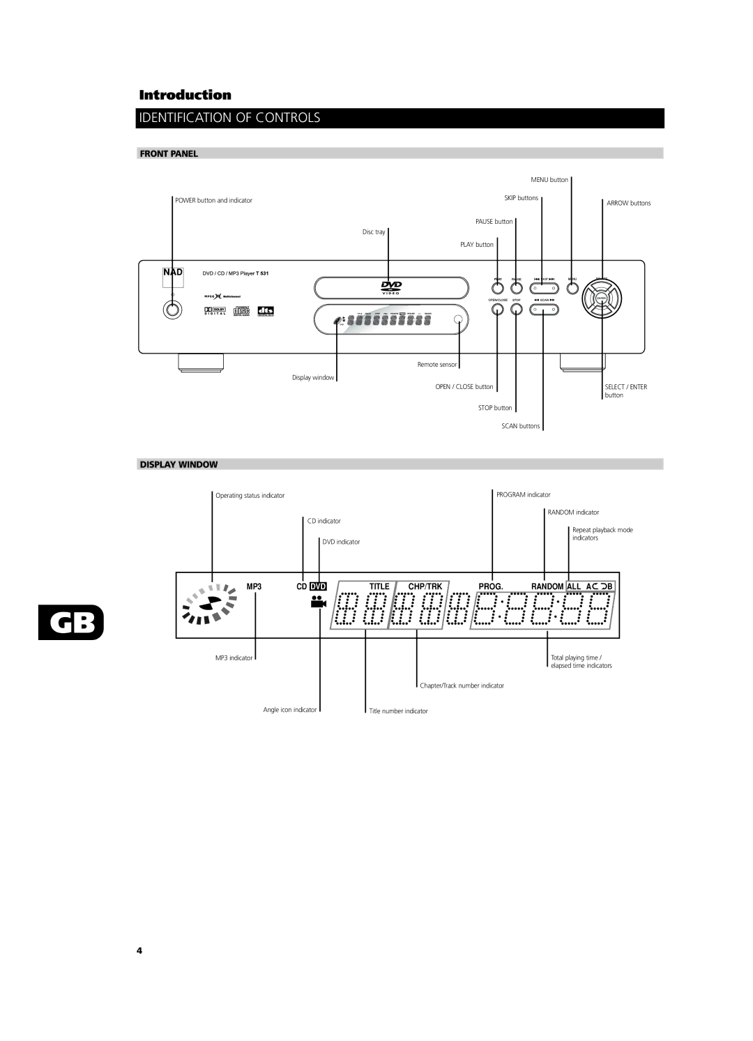 NAD T531 owner manual Identification of Controls, Front Panel, Display Window 