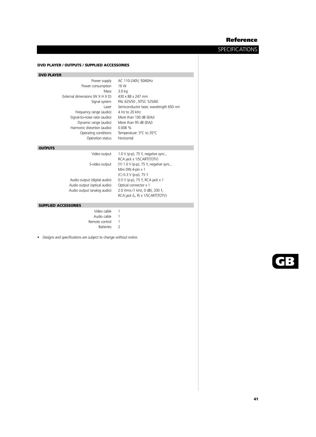 NAD T531 Specifications, DVD Player / Outputs / Supplied Accessories, Video cable Audio cable Remote control Batteries 