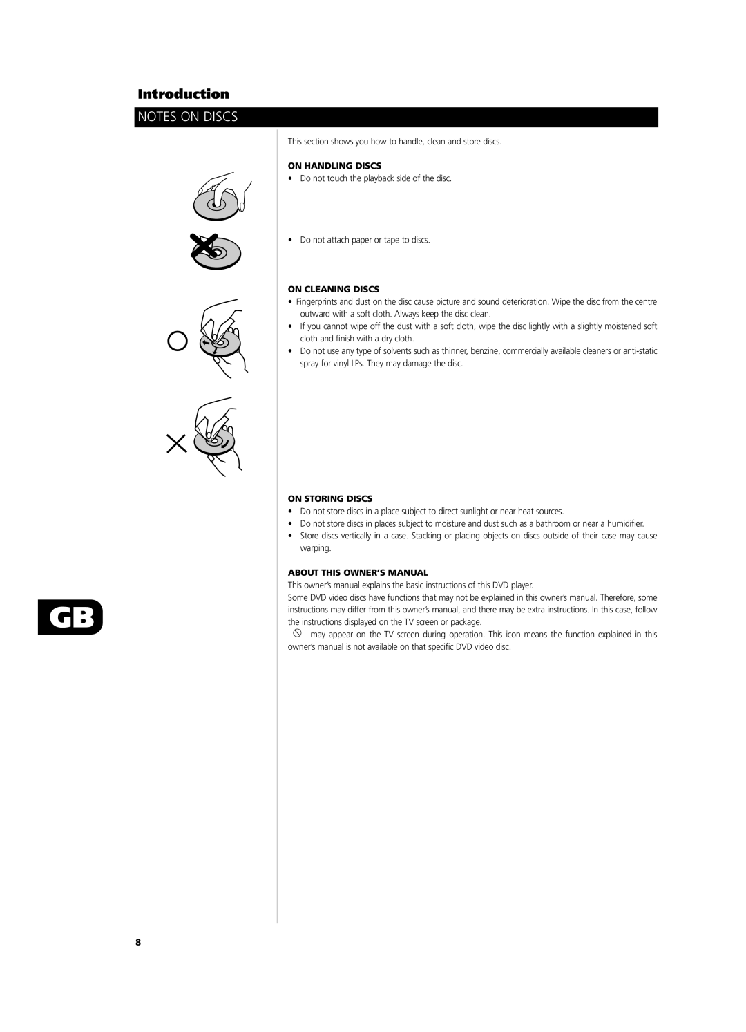 NAD T531 owner manual This section shows you how to handle, clean and store discs, On Handling Discs, On Cleaning Discs 