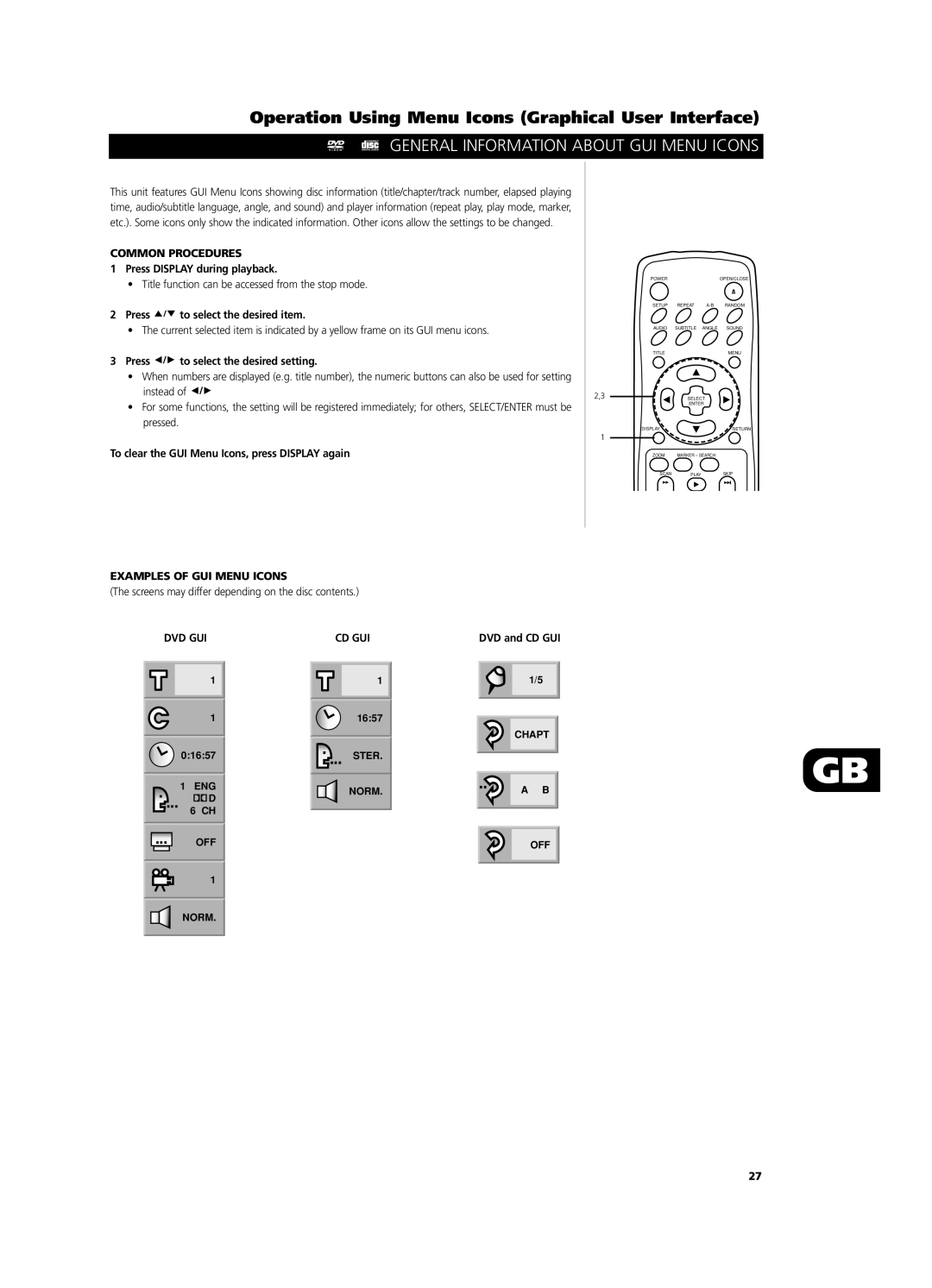 NAD T531 owner manual General Information About Gui Menu Icons, COMMON PROCEDURES 1Press DISPLAY during playback, Dvd Gui 