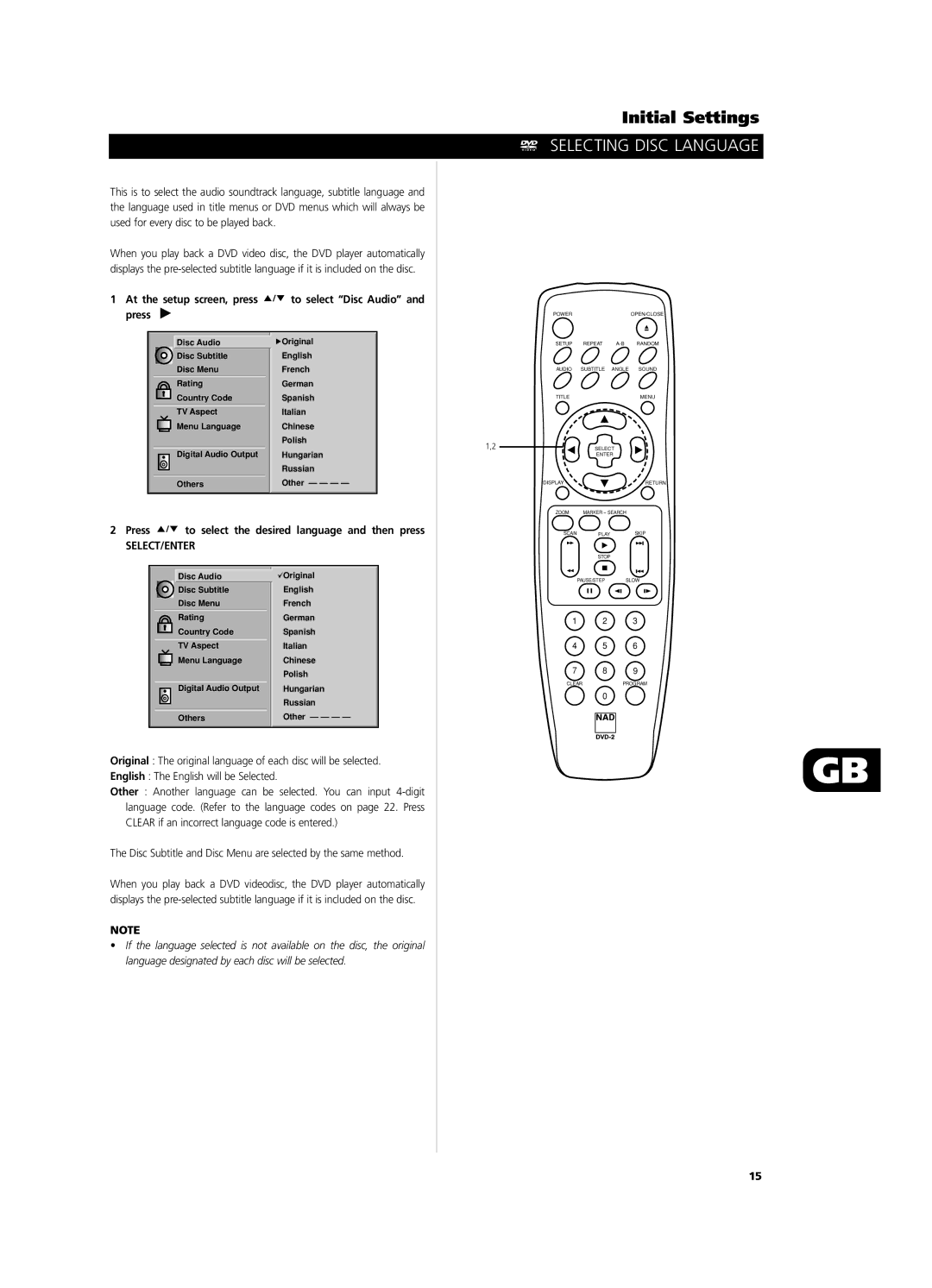 NAD T512, T532 owner manual Selecting Disc Language, At the setup screen, press to select Disc Audio and press, Select/Enter 