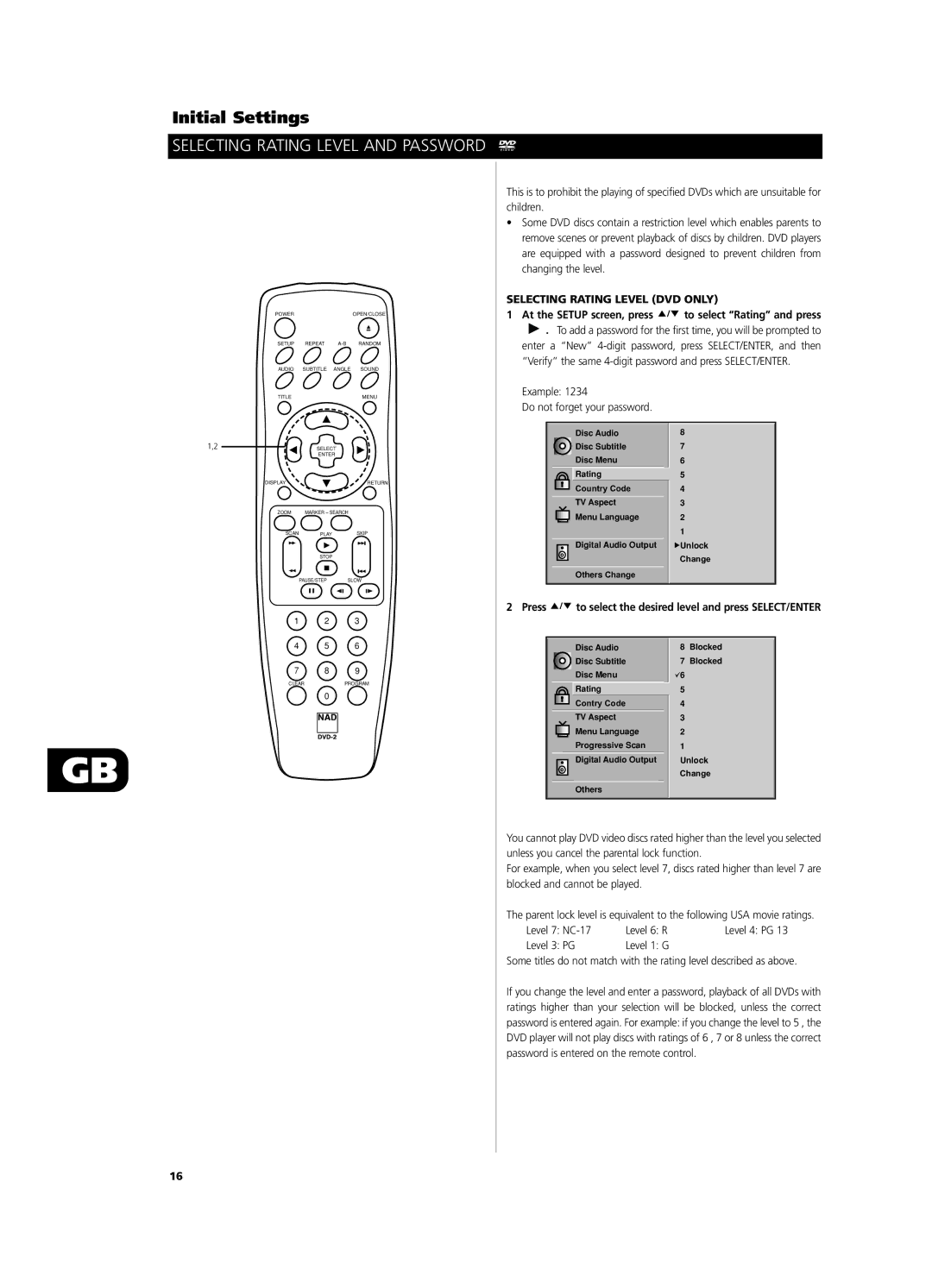 NAD T532 Selecting Rating Level and Password, Selecting Rating Level DVD only, Example Do not forget your password, NC-17 