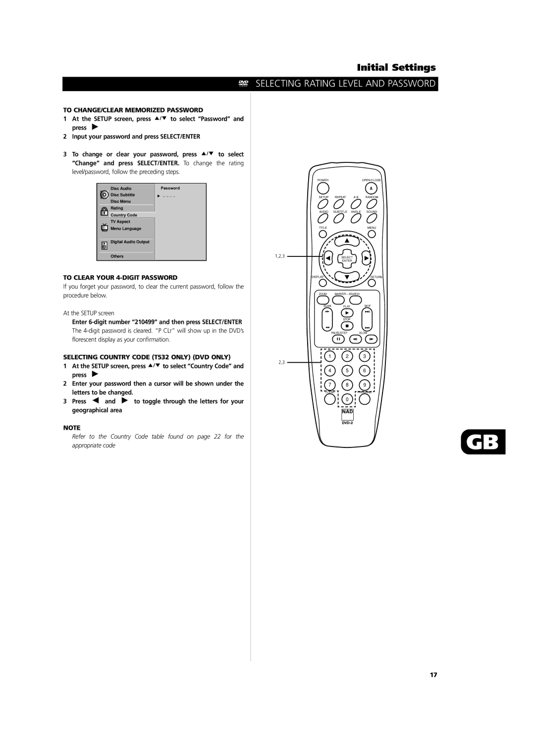 NAD T512 To CHANGE/CLEAR Memorized Password, To Clear Your 4-DIGIT Password, Selecting Country Code T532 only DVD only 