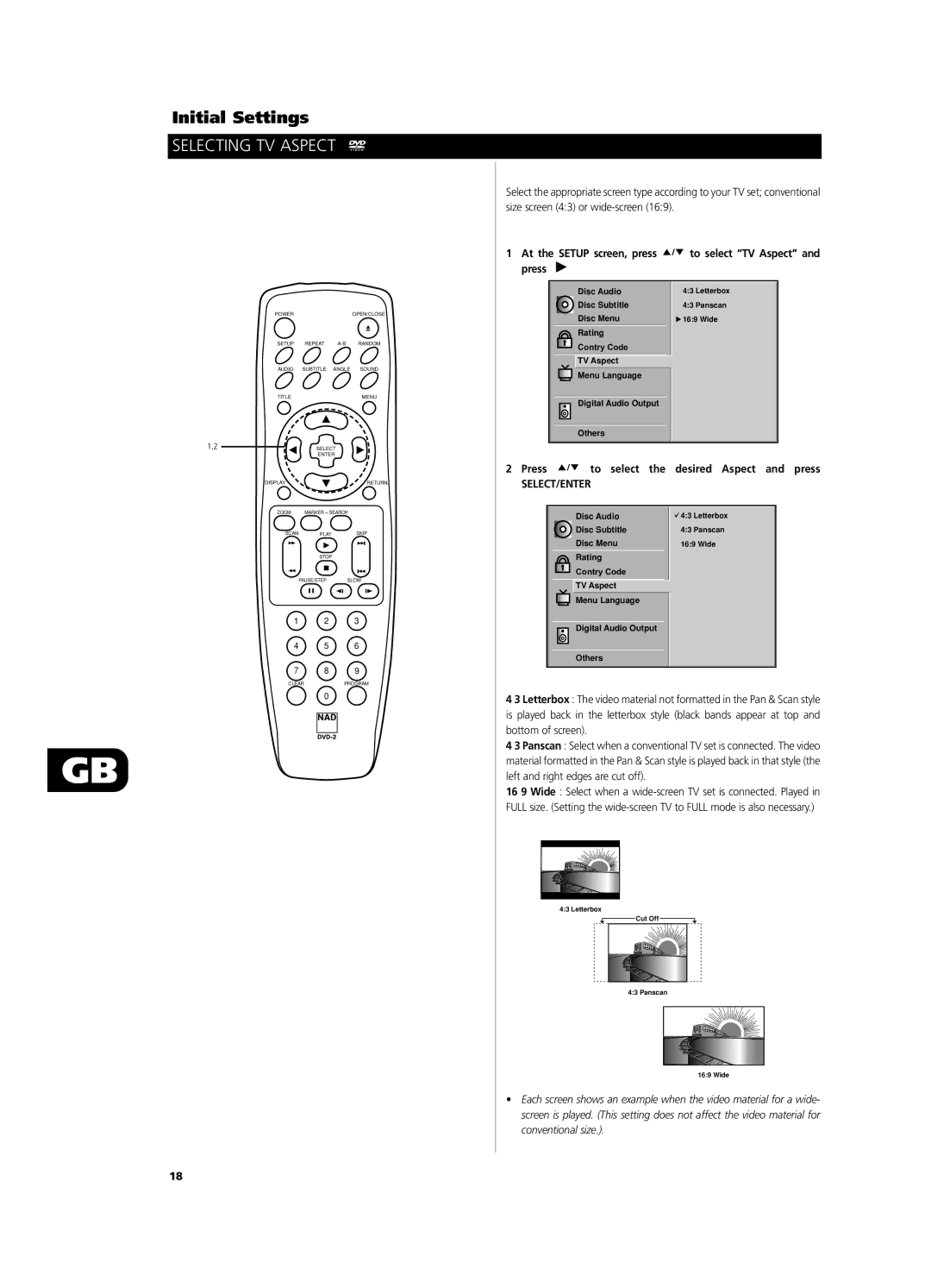 NAD T532, T512 Selecting TV Aspect, At the Setup screen, press press, Press to select the desired Aspect and press 