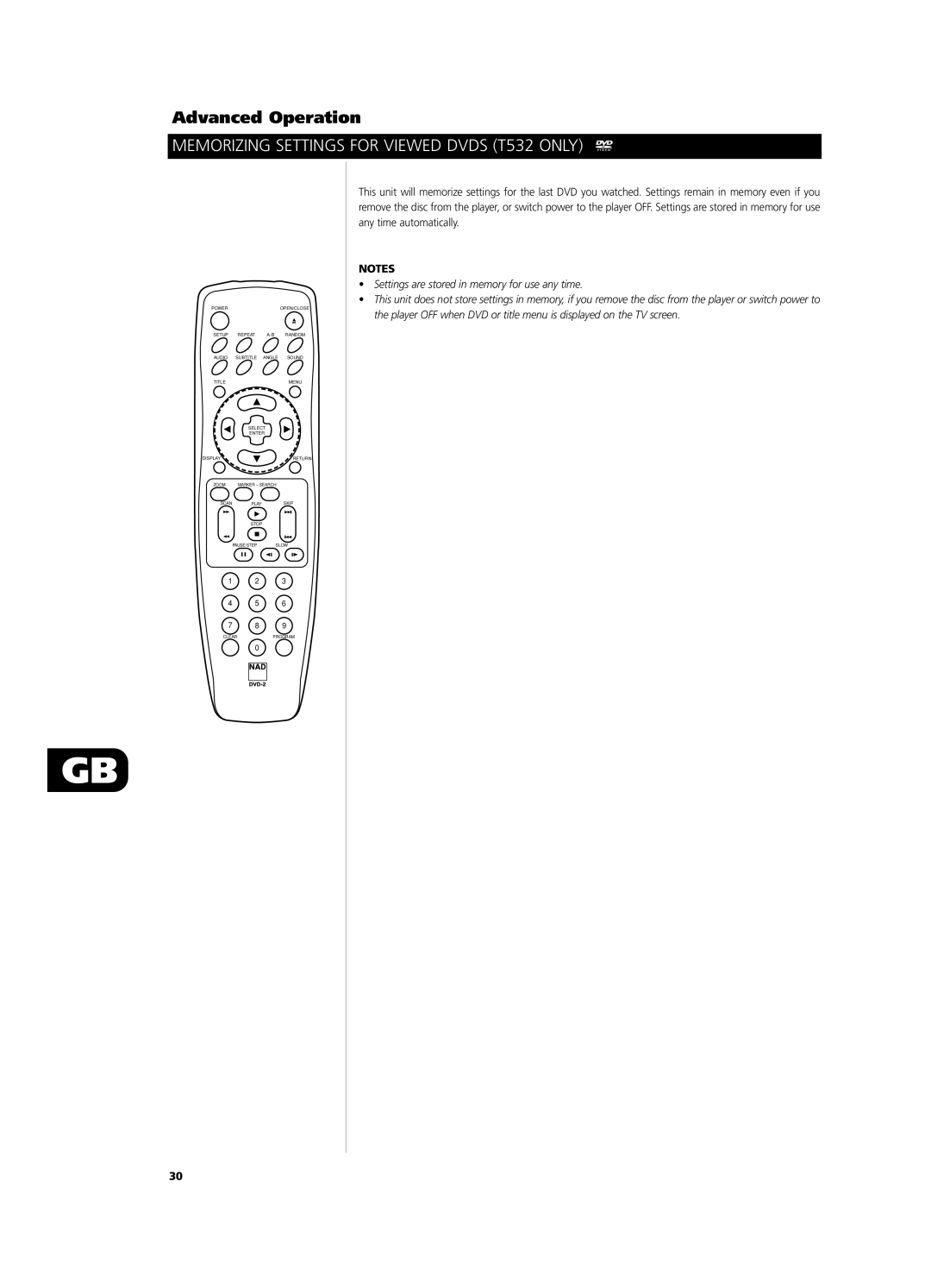 NAD T512 owner manual Memorizing Settings for Viewed Dvds T532 only 