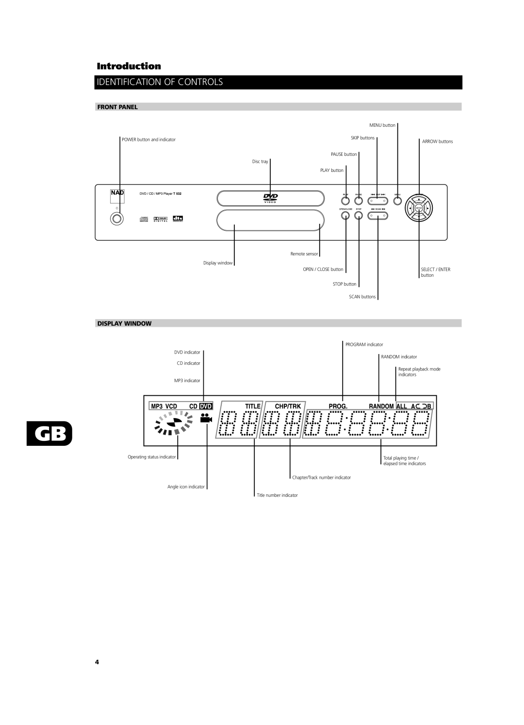 NAD T532, T512 owner manual Identification of Controls, Front Panel, Display Window 