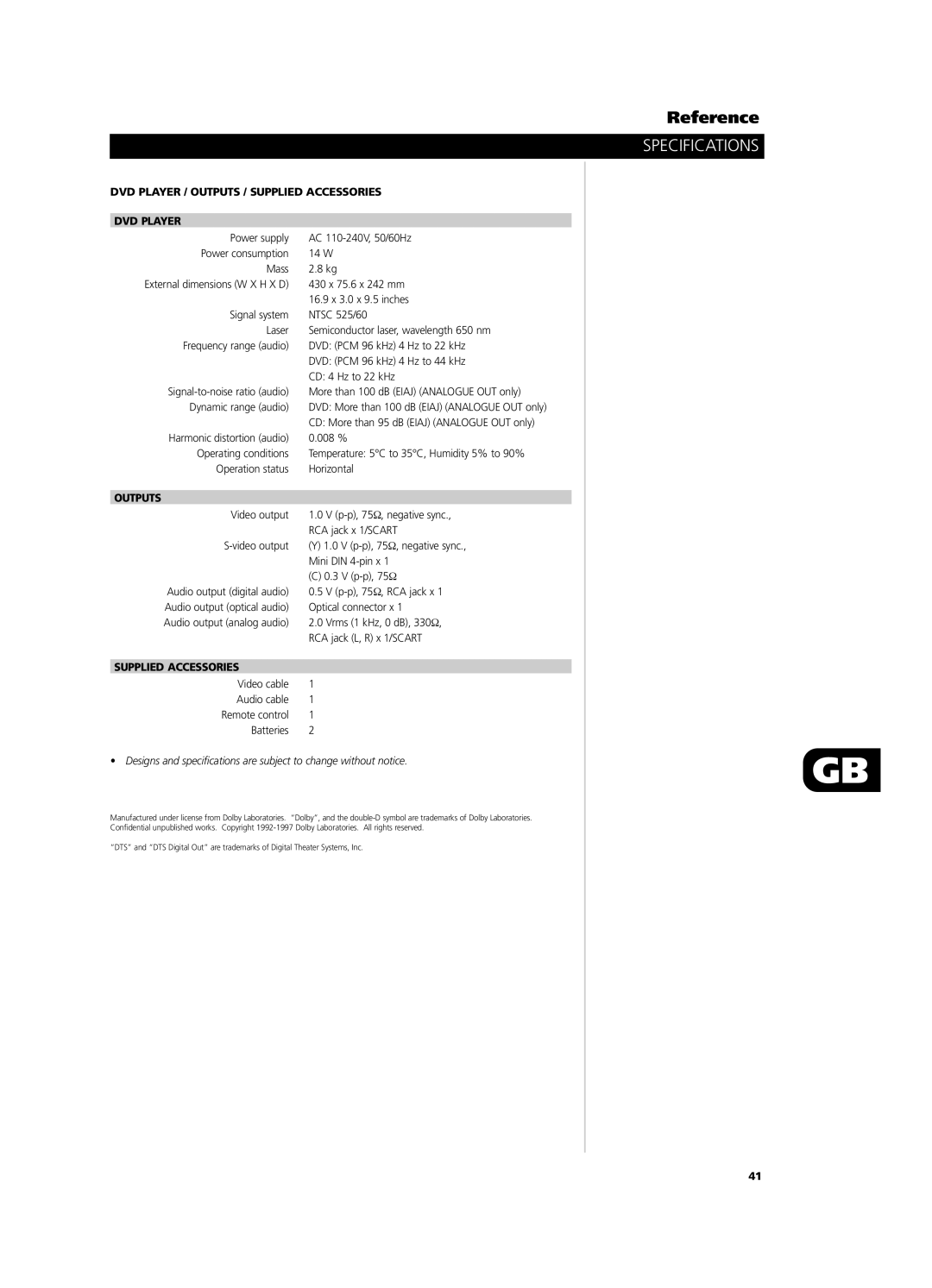 NAD T512, T532 owner manual Specifications, DVD Player / Outputs / Supplied Accessories 