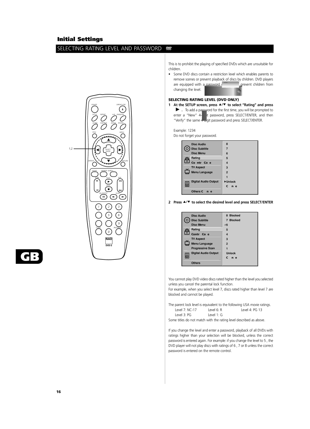 NAD T532/T512 Selecting Rating Level and Password, Selecting Rating Level DVD only, Example Do not forget your password 