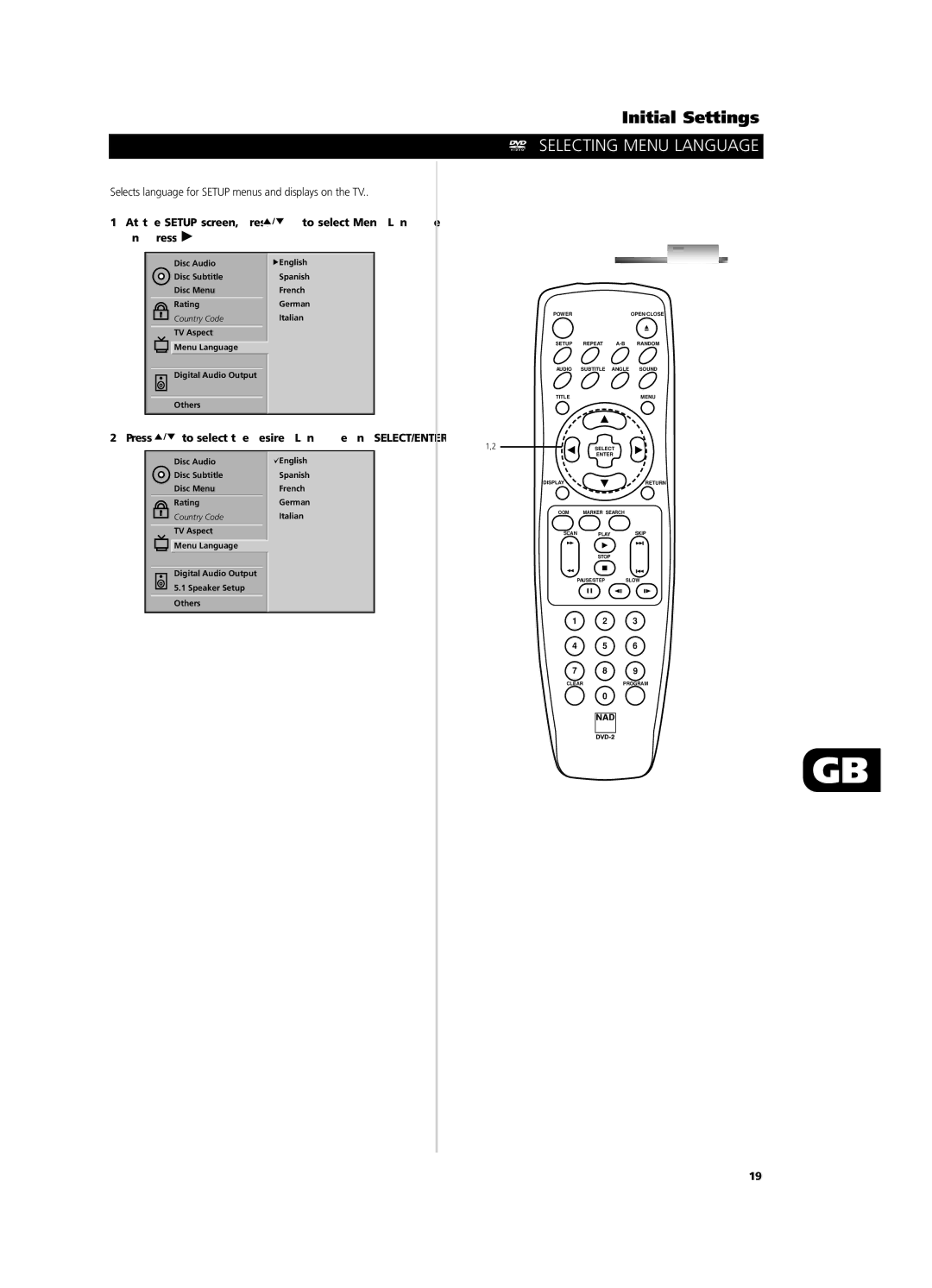 NAD T532/T512 owner manual Selecting Menu Language, Selects language for Setup menus and displays on the TV 