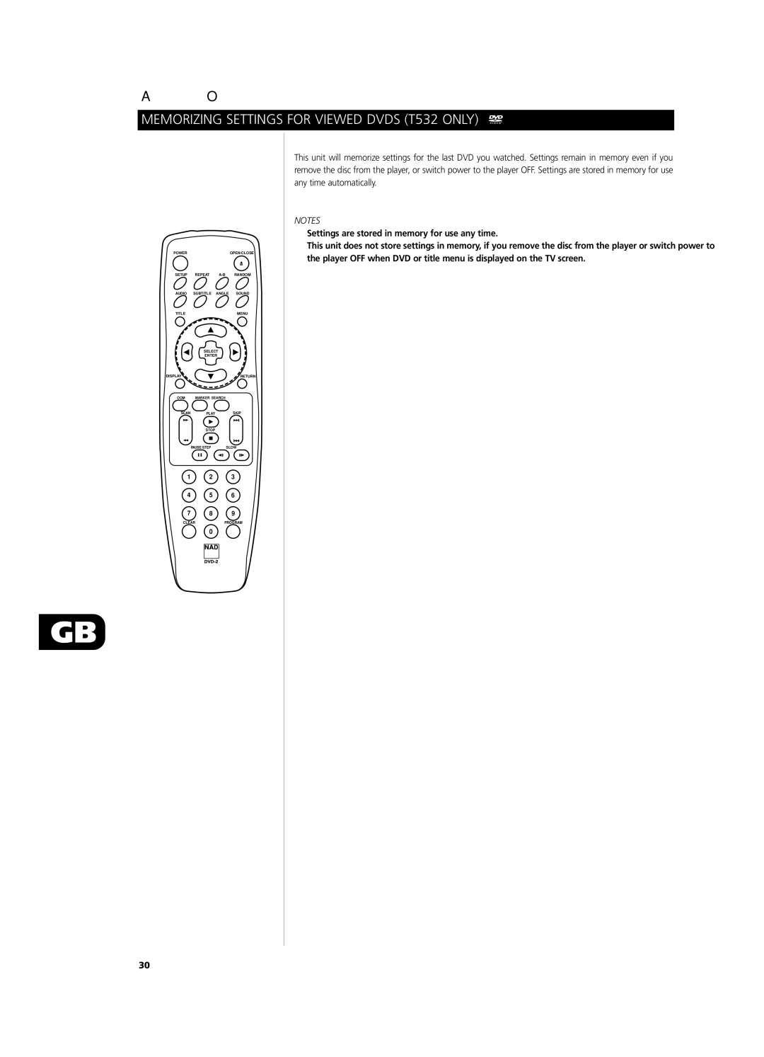 NAD T532/T512 owner manual Memorizing Settings for Viewed Dvds T532 only 