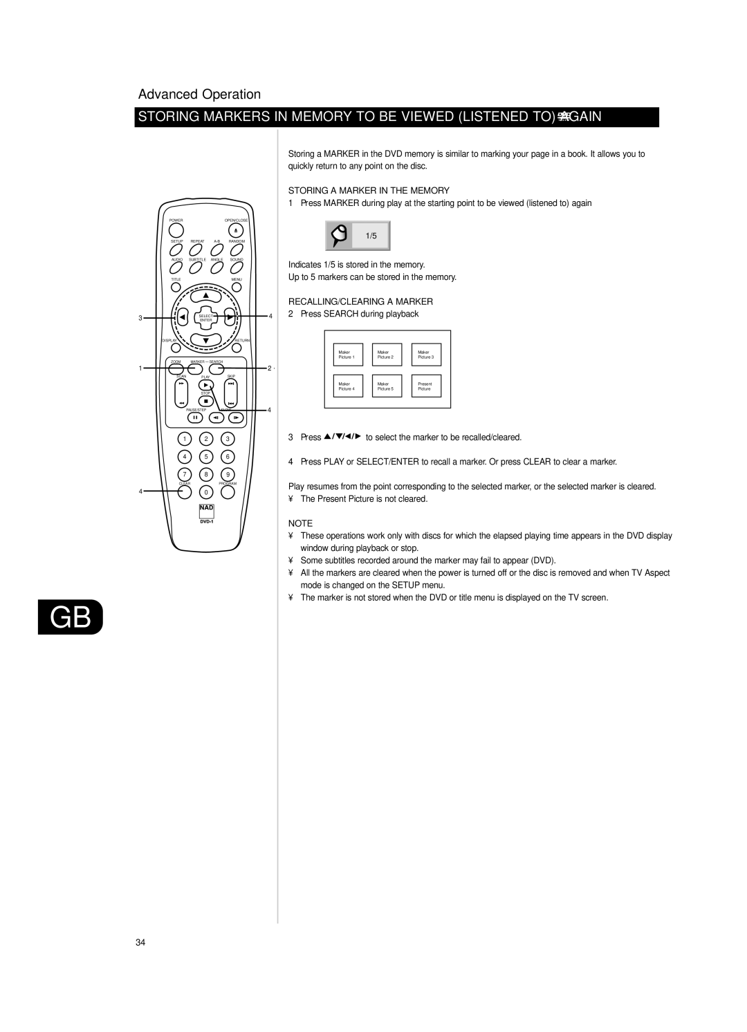 NAD T532/T512 owner manual Storing Markers in Memory to be Viewed Listened to Again, Storing a Marker in the Memory 