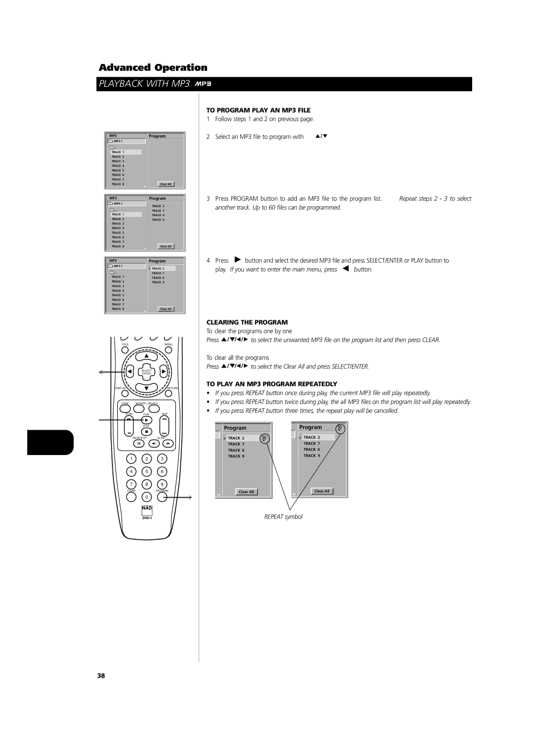 NAD T532/T512 owner manual To Program Play AN MP3 File, To Play AN MP3 Program Repeatedly 