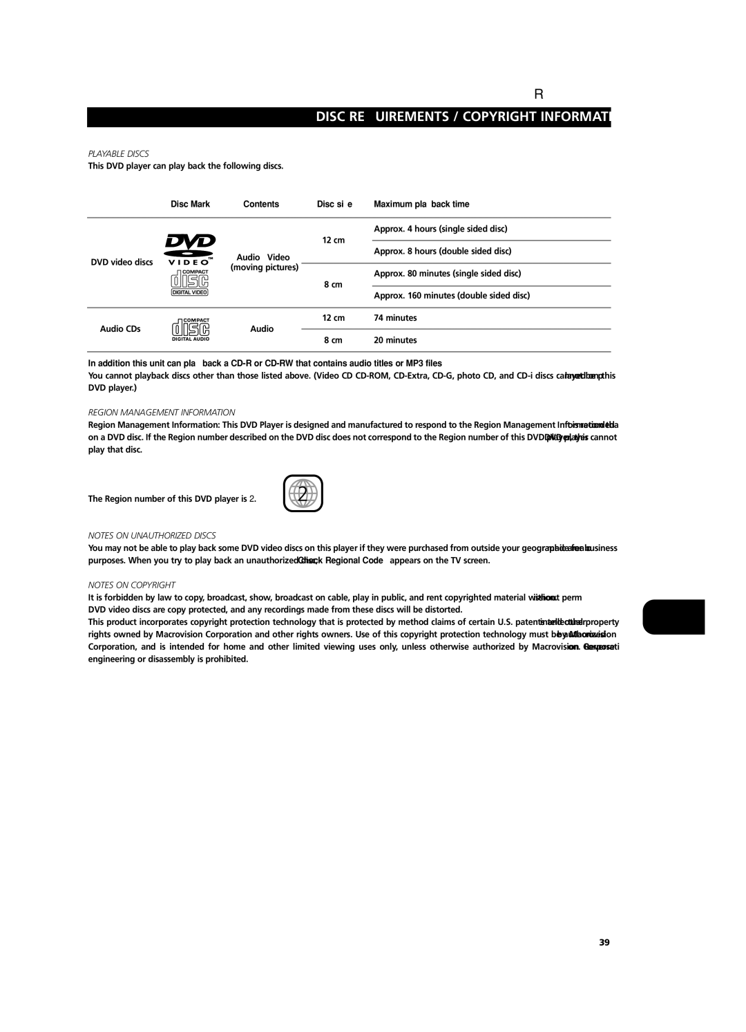 NAD T532/T512 Reference, Disc Requirements / Copyright Information, Playable Discs, Disc Mark Contents Disc size 