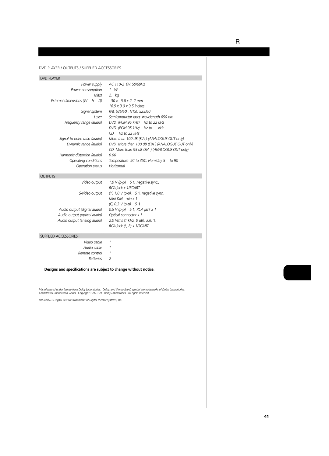 NAD T532/T512 owner manual Specifications, DVD Player / Outputs / Supplied Accessories 