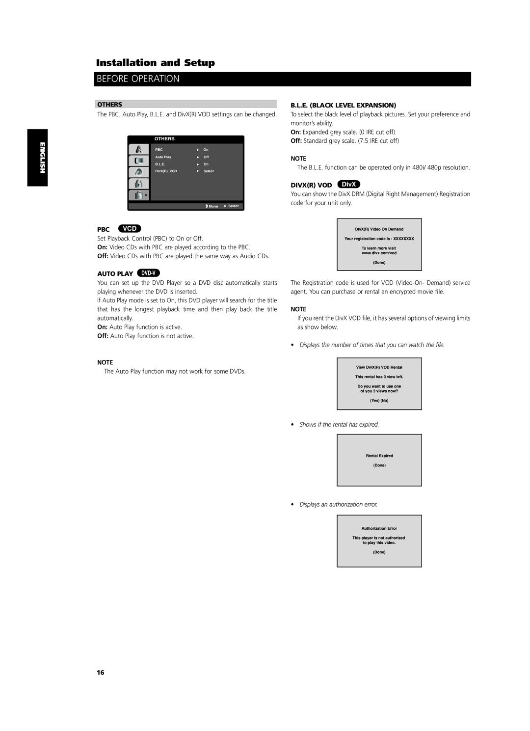 NAD T534 owner manual Others, Pbc Vcd, Auto Play DVD-V, E. Black Level Expansion, Divxr VOD DivX 