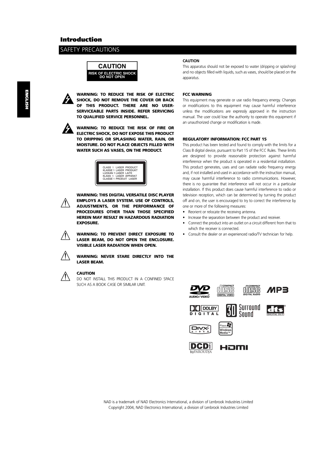 NAD T534 owner manual Safety Precautions, FCC Warning Regulatory Information FCC Part 