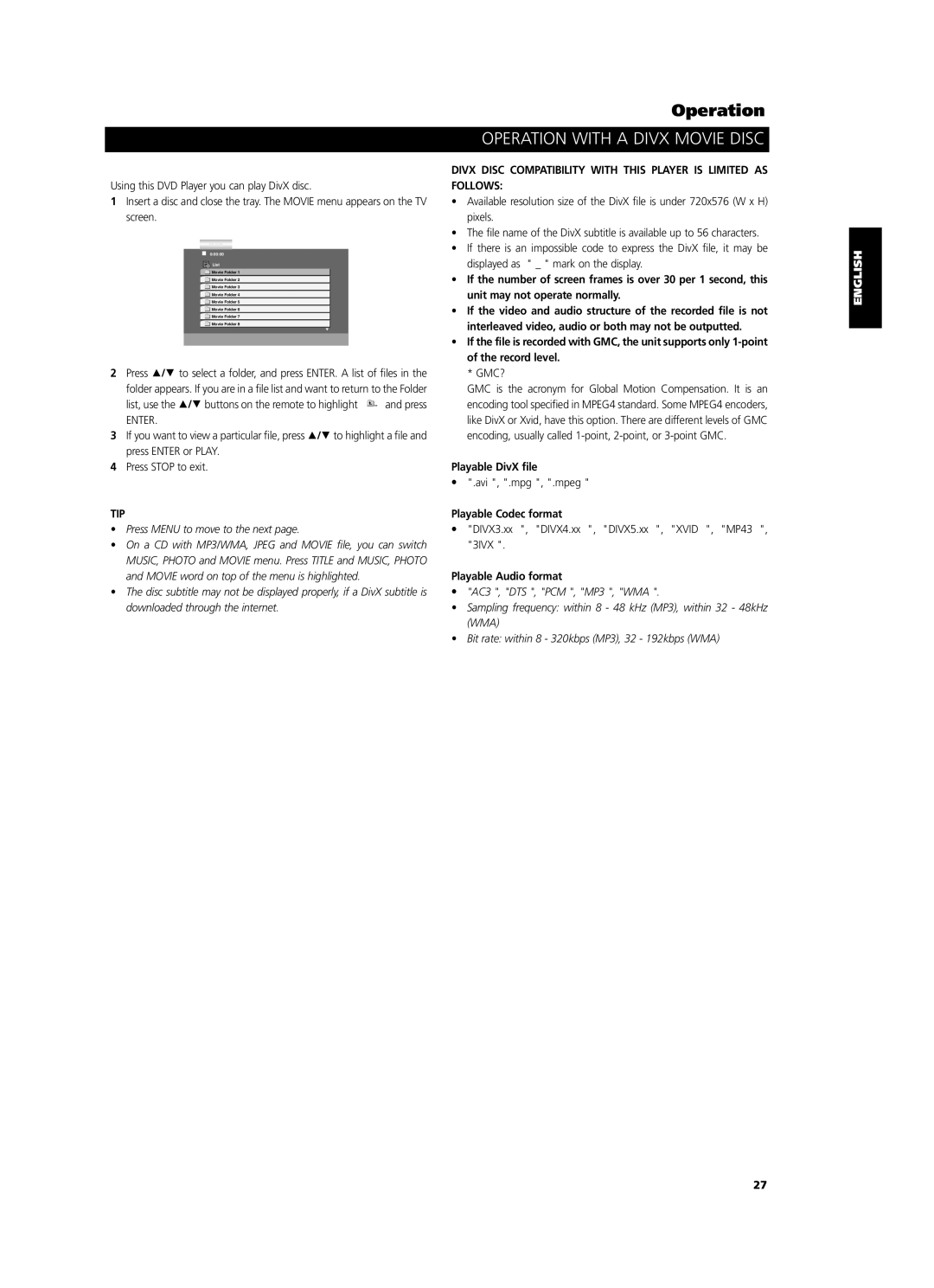 NAD T534 owner manual Operation with a Divx Movie Disc, Playable DivX file, Playable Codec format, Playable Audio format 